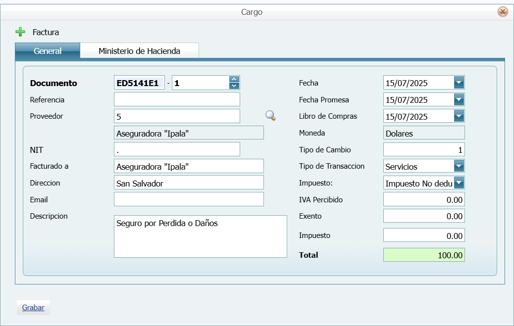 Compra Ordenes Cargos Orden Tipo Cargo Factura Llena