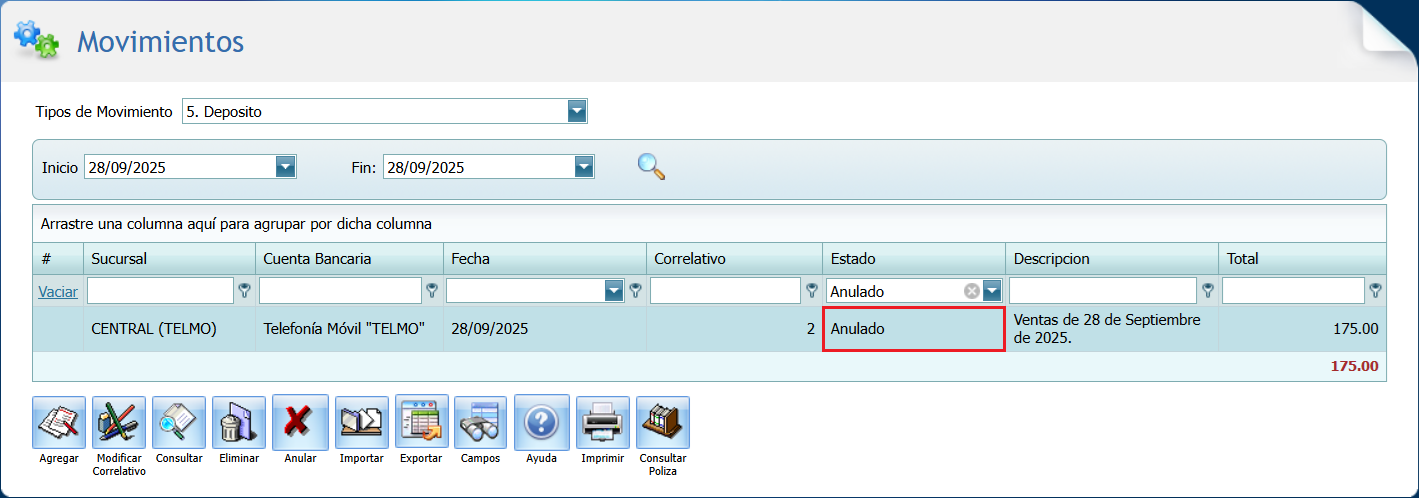 Bancos Movimiento Deposito Anulado