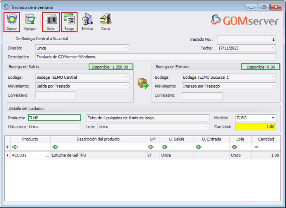 GOMserver Windows Traslado Agregar