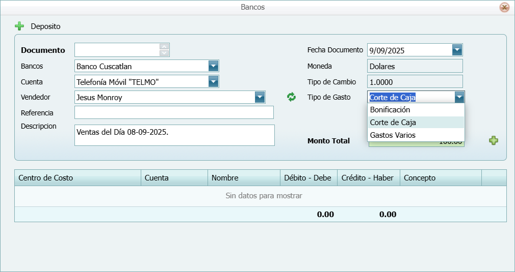 Contabilidad Enlaces Estructura Banco Tipo Movimiento Ventana Deposito
