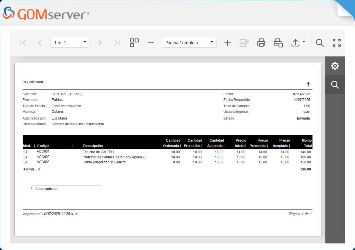 Compra Ordenes Enviadas a Proveedor Imprimir