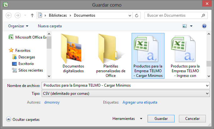 Cargar Minimo Guardar como CSV