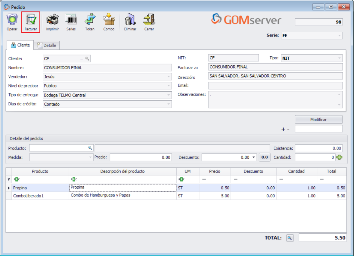 GOMserver Windows Pedido Propina Facturar