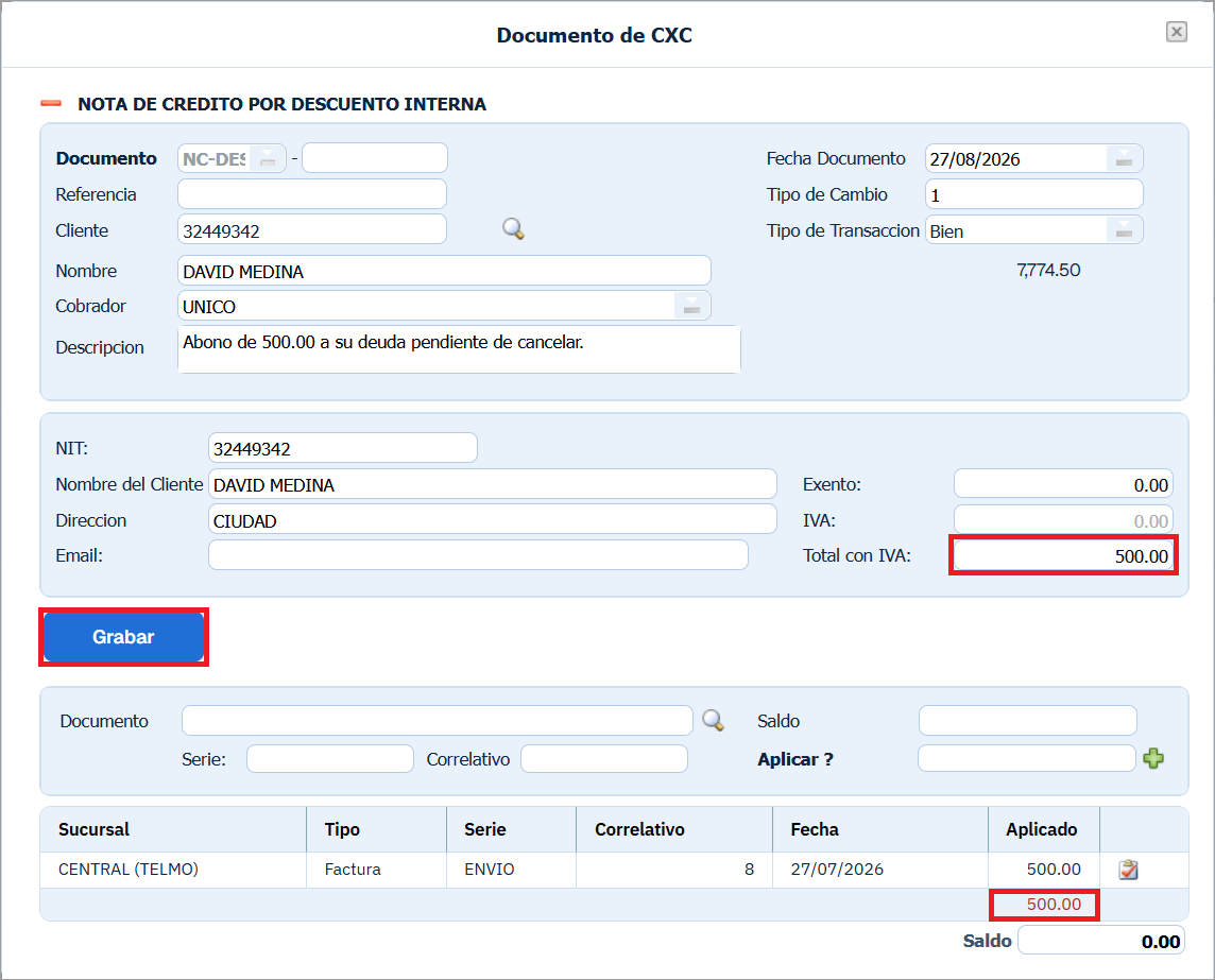 Cuentas Por Cobrar Movimiento Abono Lleno
