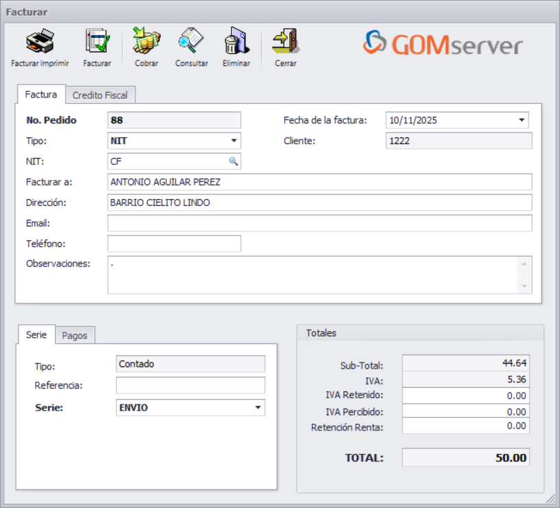 GOM server Pedido Facturar Boton 1
