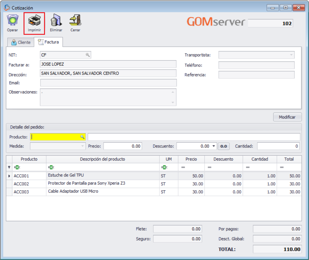 GOMserver Windows Cotizaciones Agregar Cliente Detalle Cotizacion