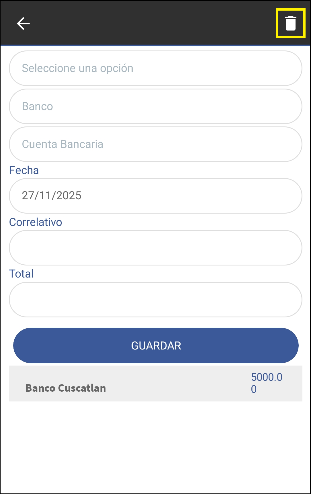 GOMserver App Recibos Ventana Cliente Datos Pago Deposito Eliminar