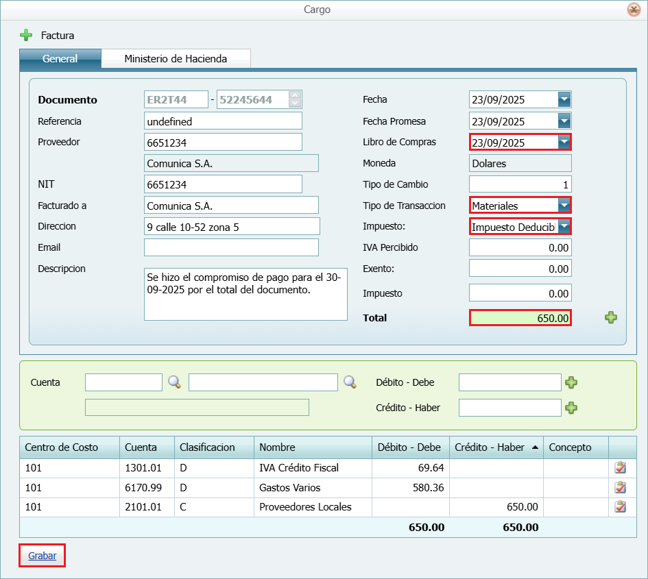 Cuentas por Pagar Recepcion Factura 1