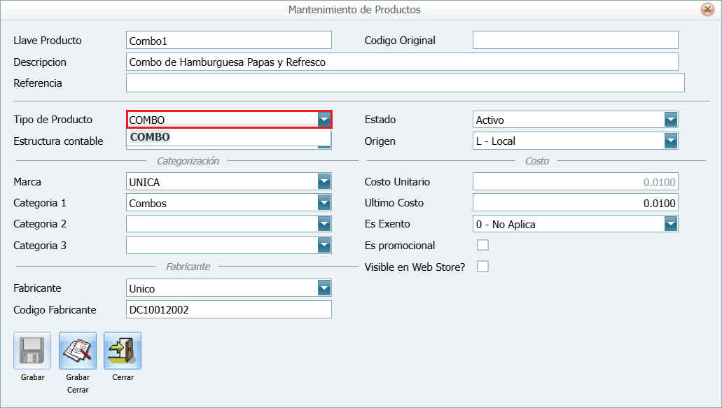 Producto Nuevo Combo