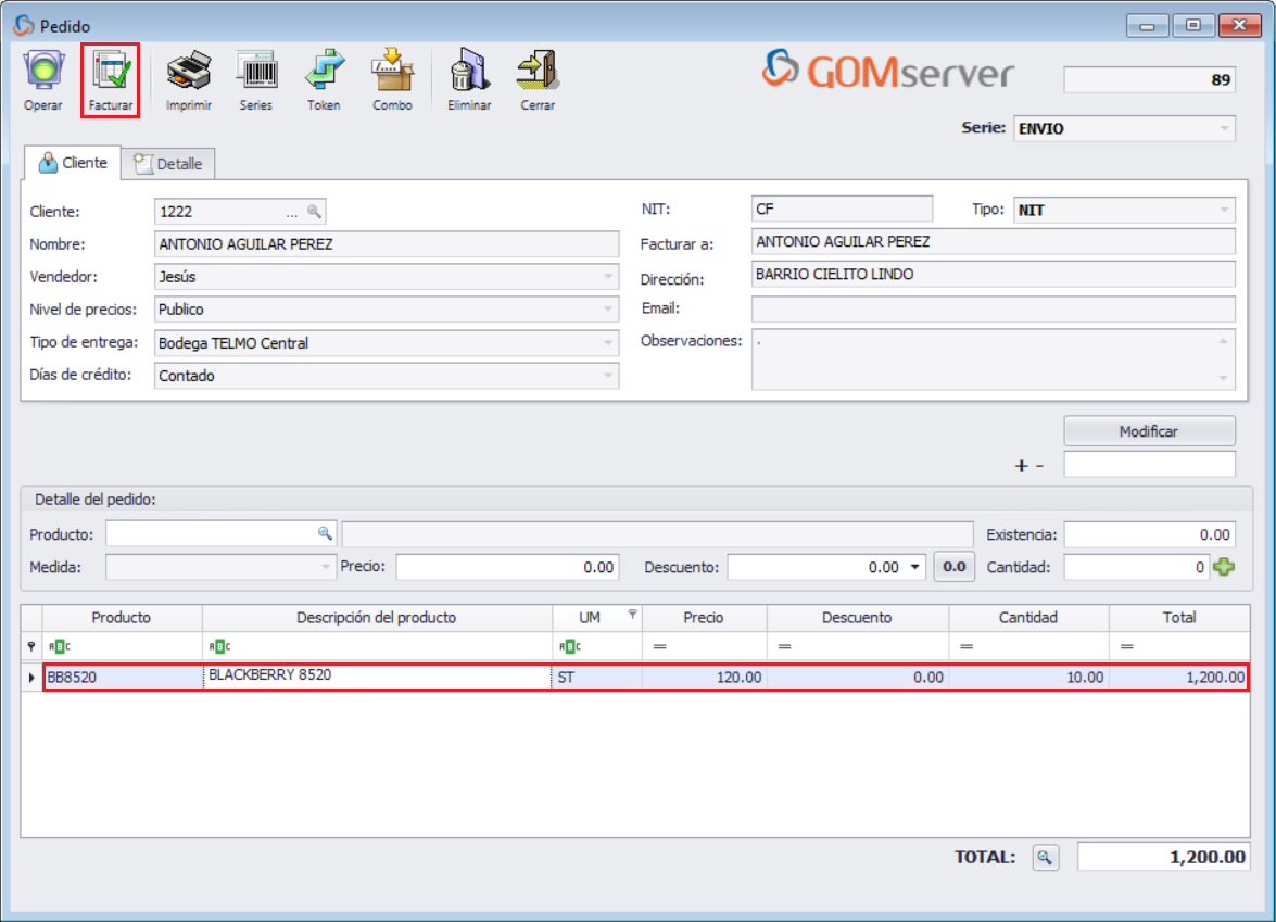 GOM server Pedido Facturar