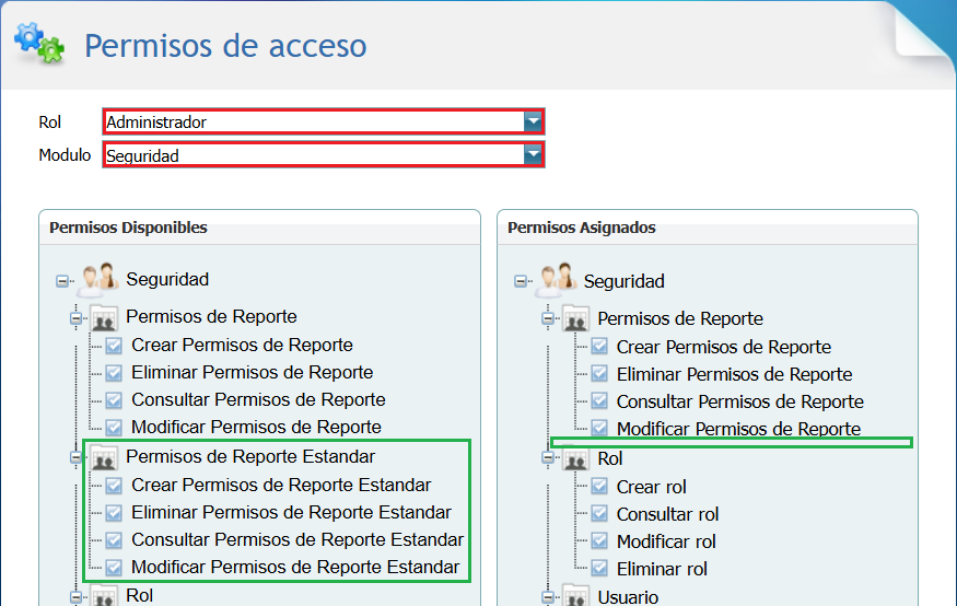Permisos de Acceso Seleccion Rol Modulo