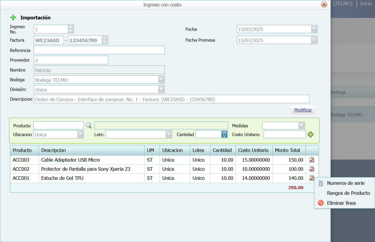 Compra Ordenes Recepcion de Inventario Modificar