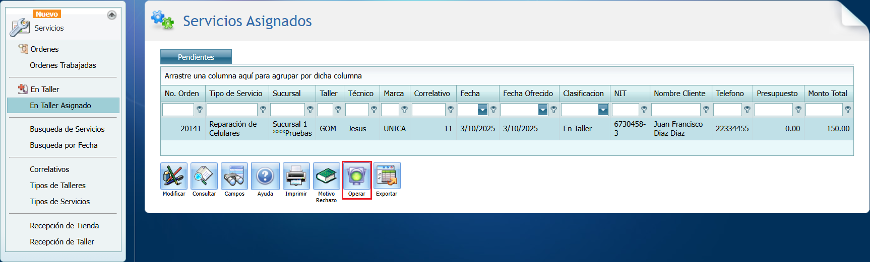Servicio Tipo Pendientes A Taller Asignado