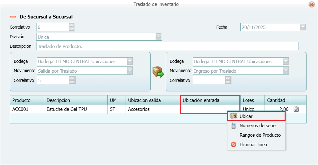 Inventario Traslado con Ubicacion Recepcion Ubicar