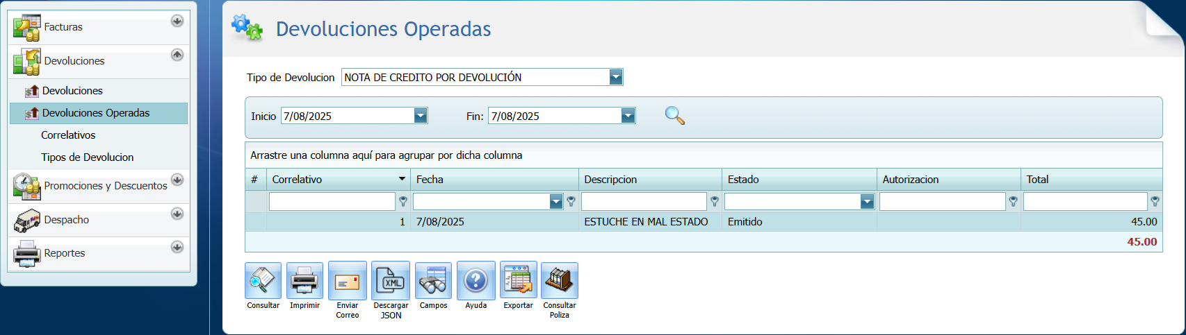 Facturacion Devoluciones Operadas