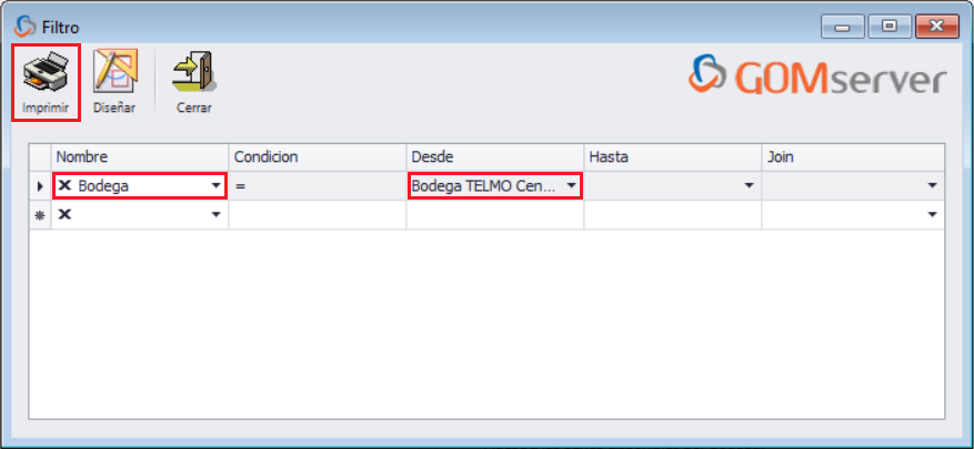 GOMserver Windows Reportes Estandar Filtro
