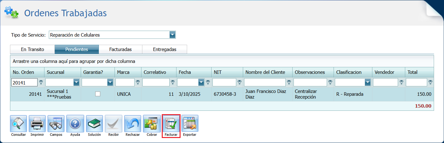 Servicio Ordenes Trabajadas Pendiente