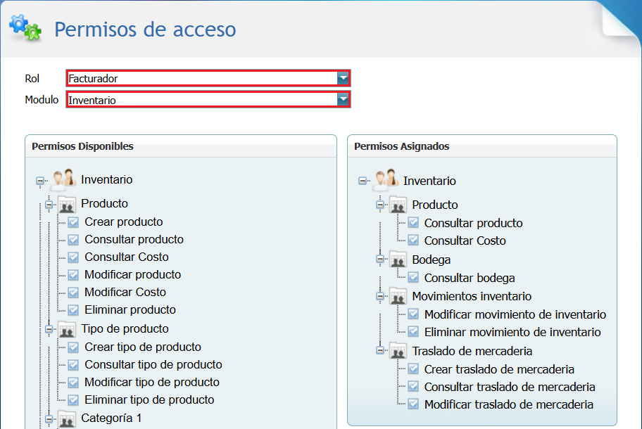 Permisos de Acceso para Facturador en el Modulo Inventario