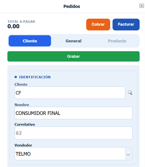 Inicio Facturacion Facturacion Pedidos Nuevo Cliente