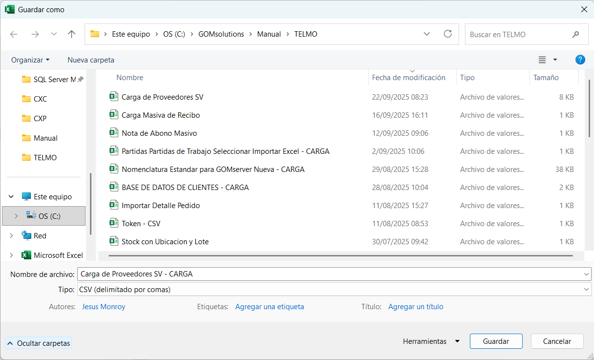 Cuentas por Pagar Proveedor Excel Guardar Como