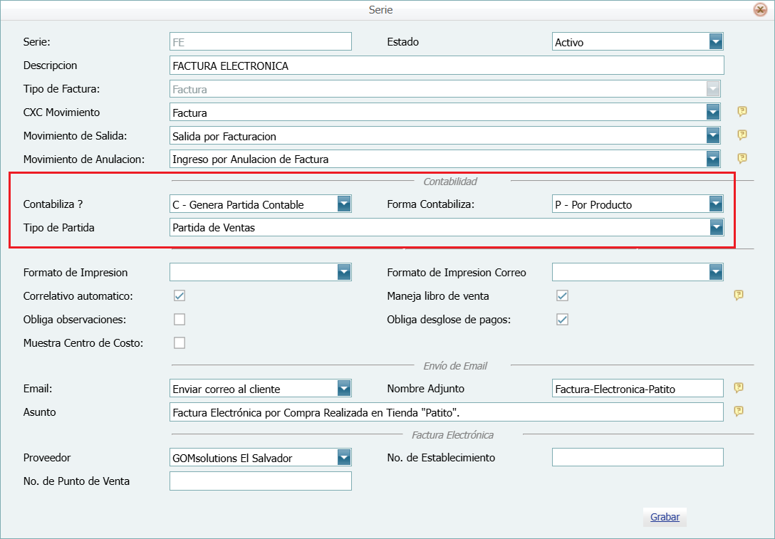 Contabilidad Enlaces Serie de Facturas Ventana