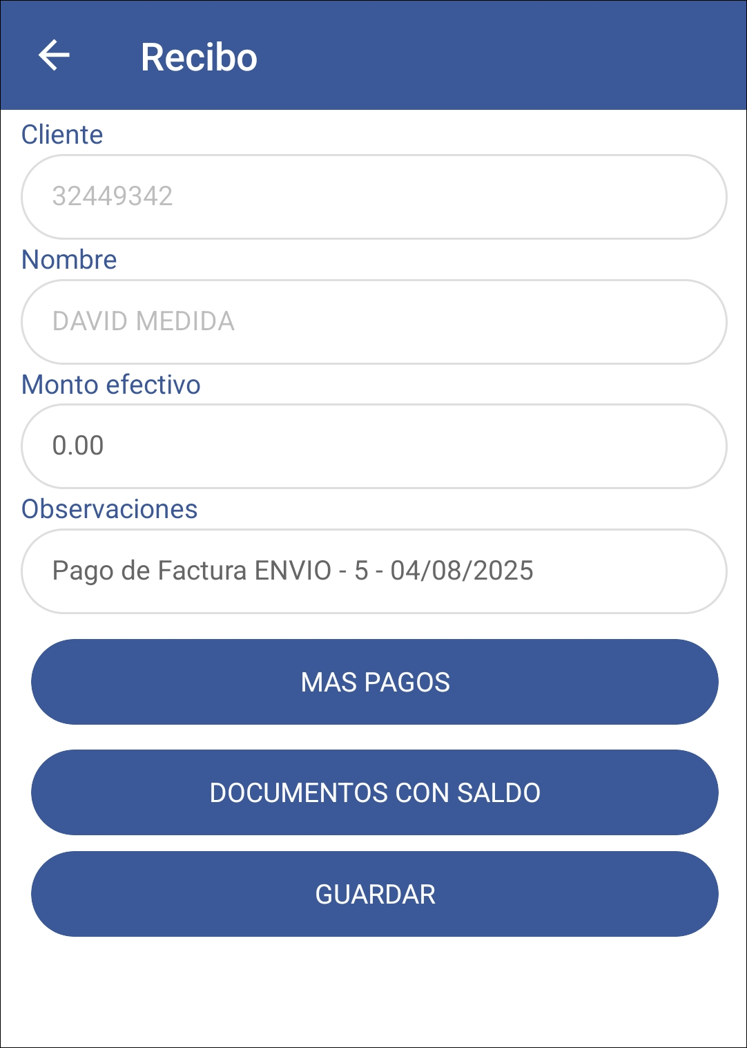 GOMserver App Recibos Ventana Cliente Datos