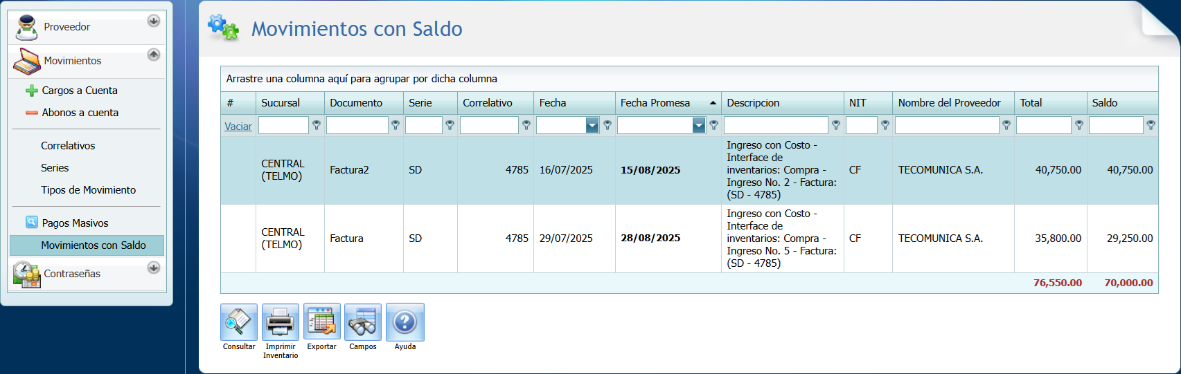 Cuentas por Pagar Movimiento con Saldo