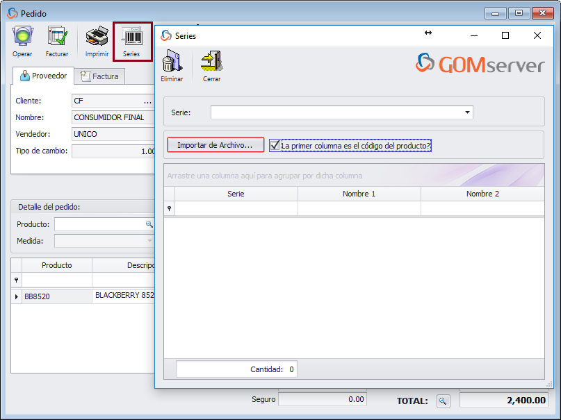 GOM server Pedido Producto Serializado Series
