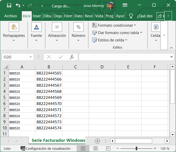 GOM server Pedido Producto Serializado Series Excel
