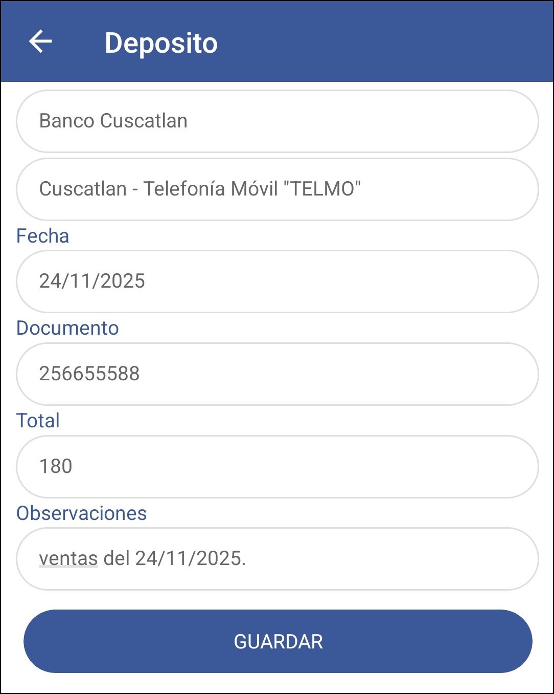 GOMserver App Depositos Ventana Llena