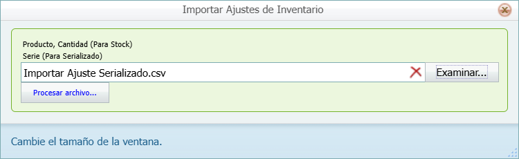 Movimientos Ingreso por Ajuste Importar Ventana Serializado
