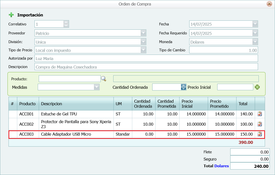Compra Ordenes Enviadas a Proveedor Modificar Detalle