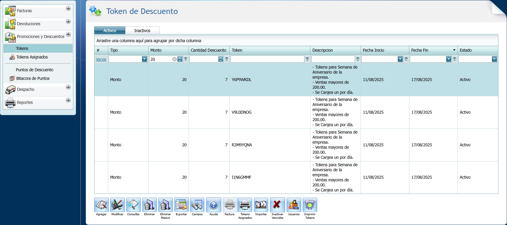 Facturacion Descuentos Token Generados