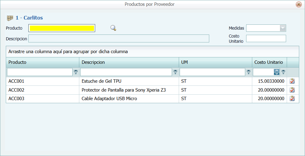 Cuentas por Pagar Proveedor Productos Lista