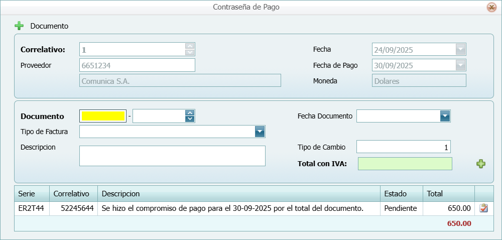 Cuentas por Pagar Contrasena de Pago Agregar Otra
