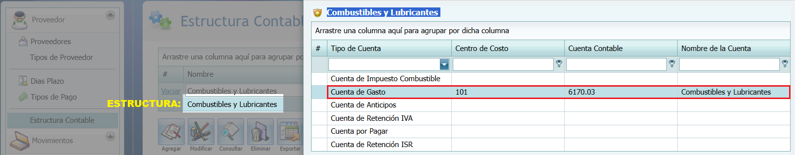 Contabilidad Enlaces Estructura CXP Estructura Combustibles y Lubricantes