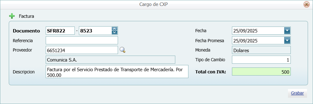 Cuentas por Pagar Recepcion Factura Nueva Llena