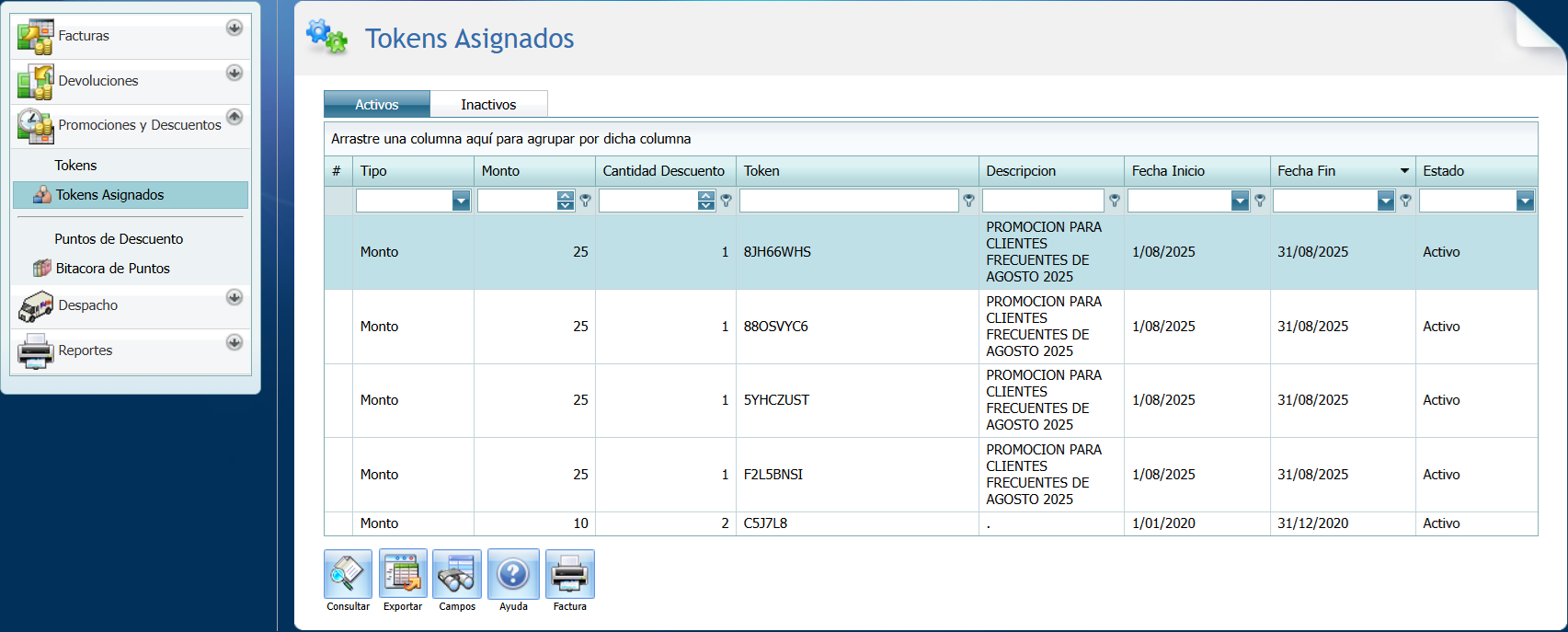 Facturacion Descuentos Tokens Asignados