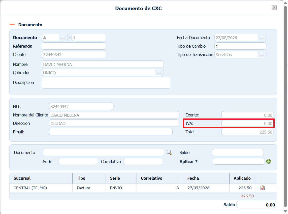 Cuentas Por Cobrar Tipo de Movimento No Calcula Credito