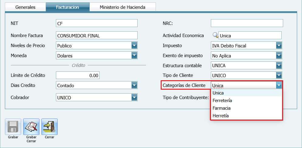 Categorias de Cliente Cambiar