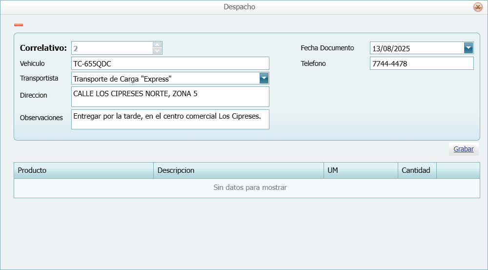 Facturacion Despacho Agregar Lleno
