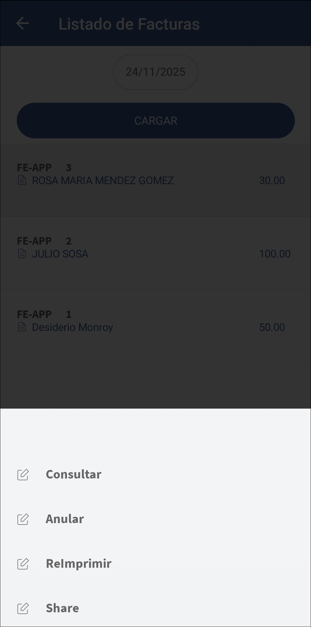 GOMserver App Facturas Listado Opciones