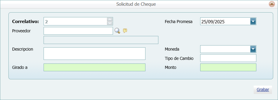 Bancos Solicitud Cheque Nuevo