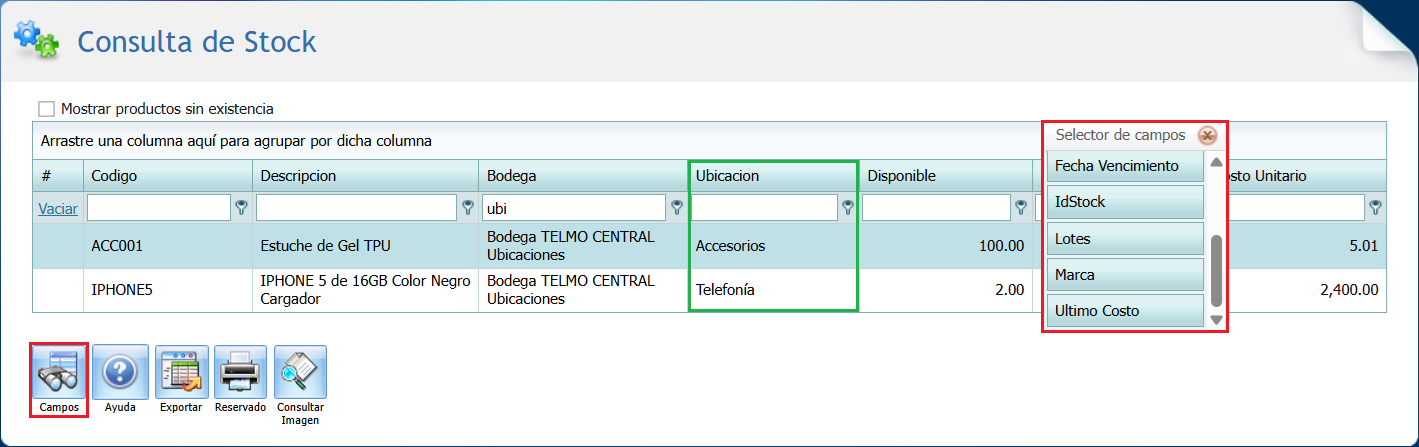 Stock bodega con Ubicacion
