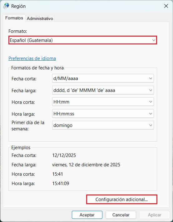 S F Error Punto y Coma Inicio Panel de Control Reloj y Region Region Ventana