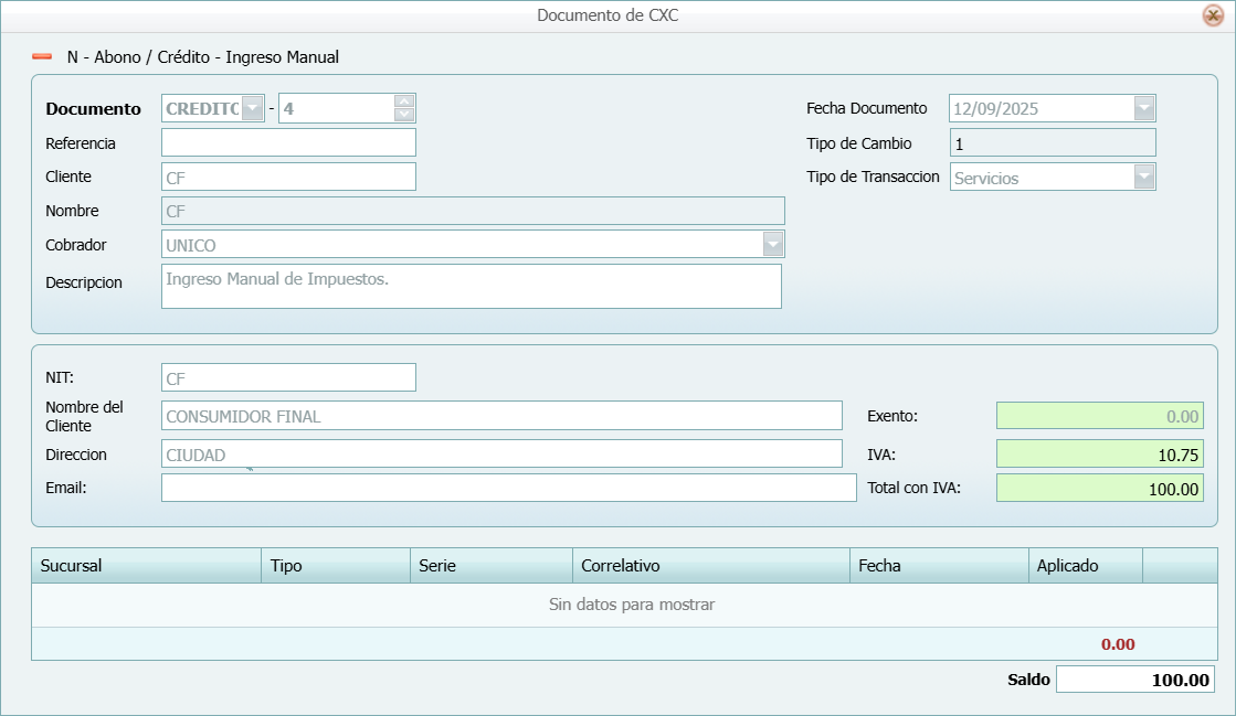 Cuantas Por Cobrar Tipo de Movimento Ingreso Manual Credito