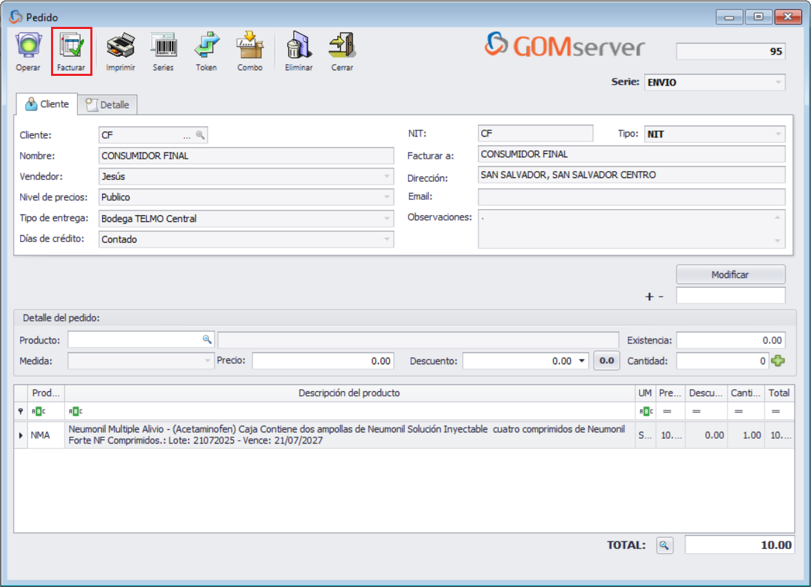 GOM server Pedido Agregar Lote Facturar