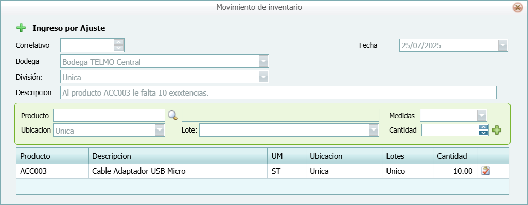Movimientos Ingreso por Ajuste Final
