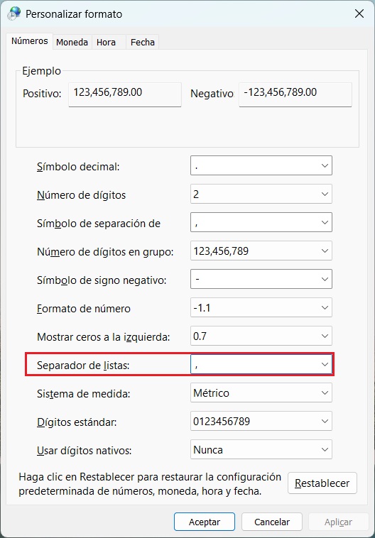 S F Error Punto y Coma Inicio Panel de Control Reloj y Region Region Ventana Personalizar Formato