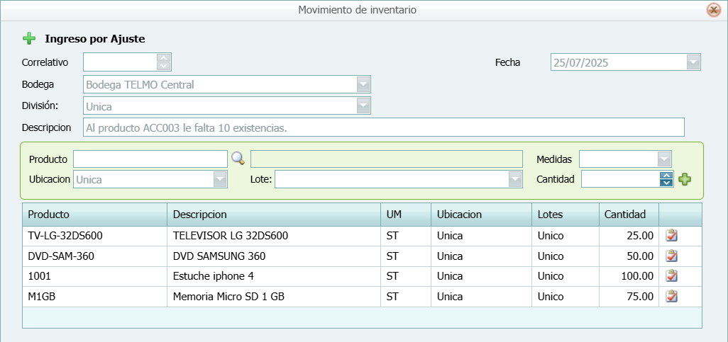 Movimientos Ingreso por Ajuste Ventana
